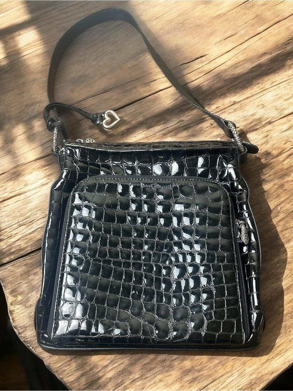 Brighton Black Patent Croc Embossed Leather Shoulder Bag